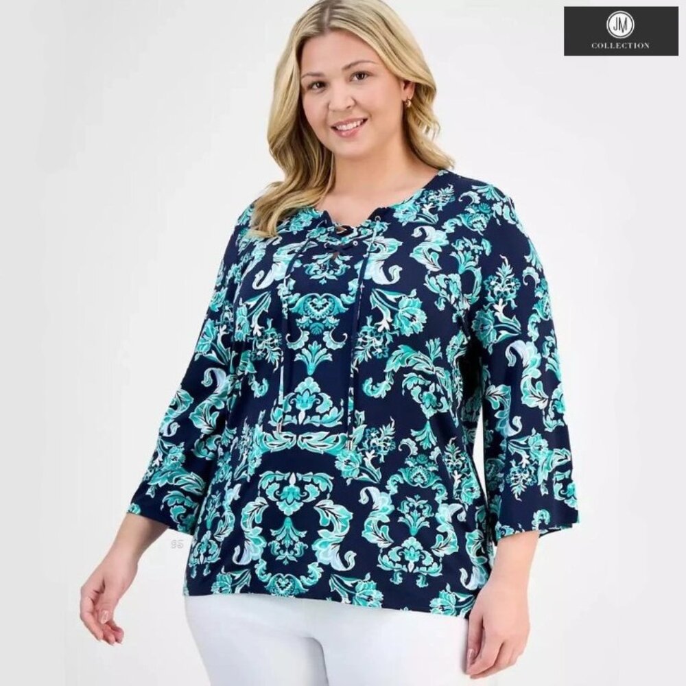 JM Collection 3/4 Sleeve Paisley Turquoise Lace-Up Tunic Top 1X – NWT - Picture 12 of 13